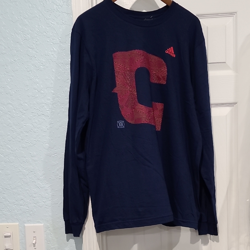 NWT Adidas Navy Long Sleeve Shirt MLS with Red Chicago Fire Logo Sz:L